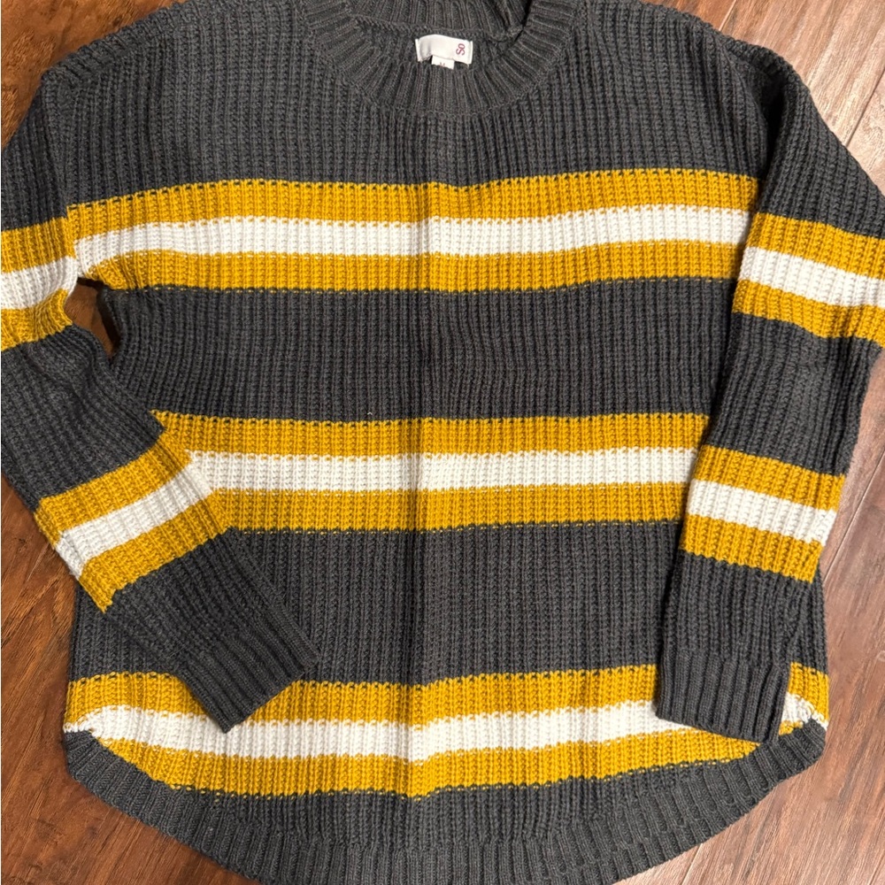 SO Women's Gray and Yellow Striped Sweater